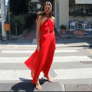 Zara Limited edition Vibrant Red Halter pleated Maxi Dress